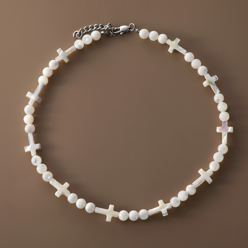  Natural White Seashell Cross & Bead Chain