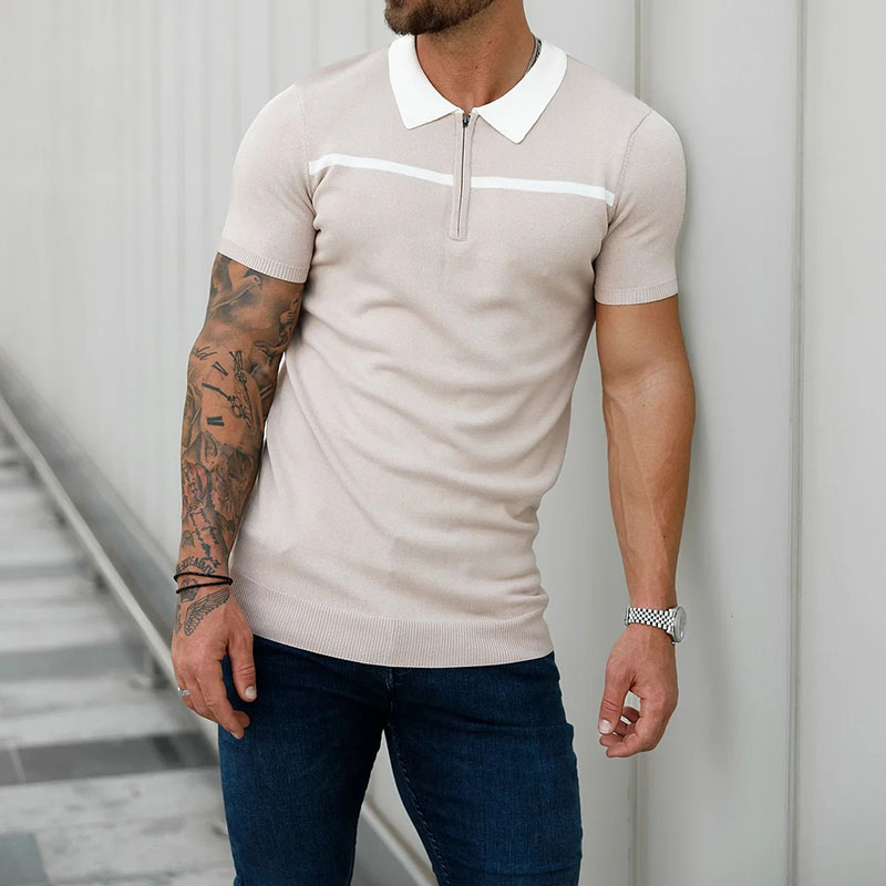 Men's Lapel Zipper Casual Pullover Short Sleeve Polo Shirt