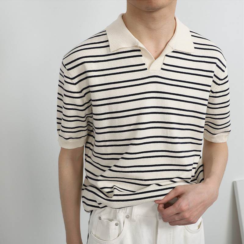 V-Neck Ice silk Striped Polo Shirt