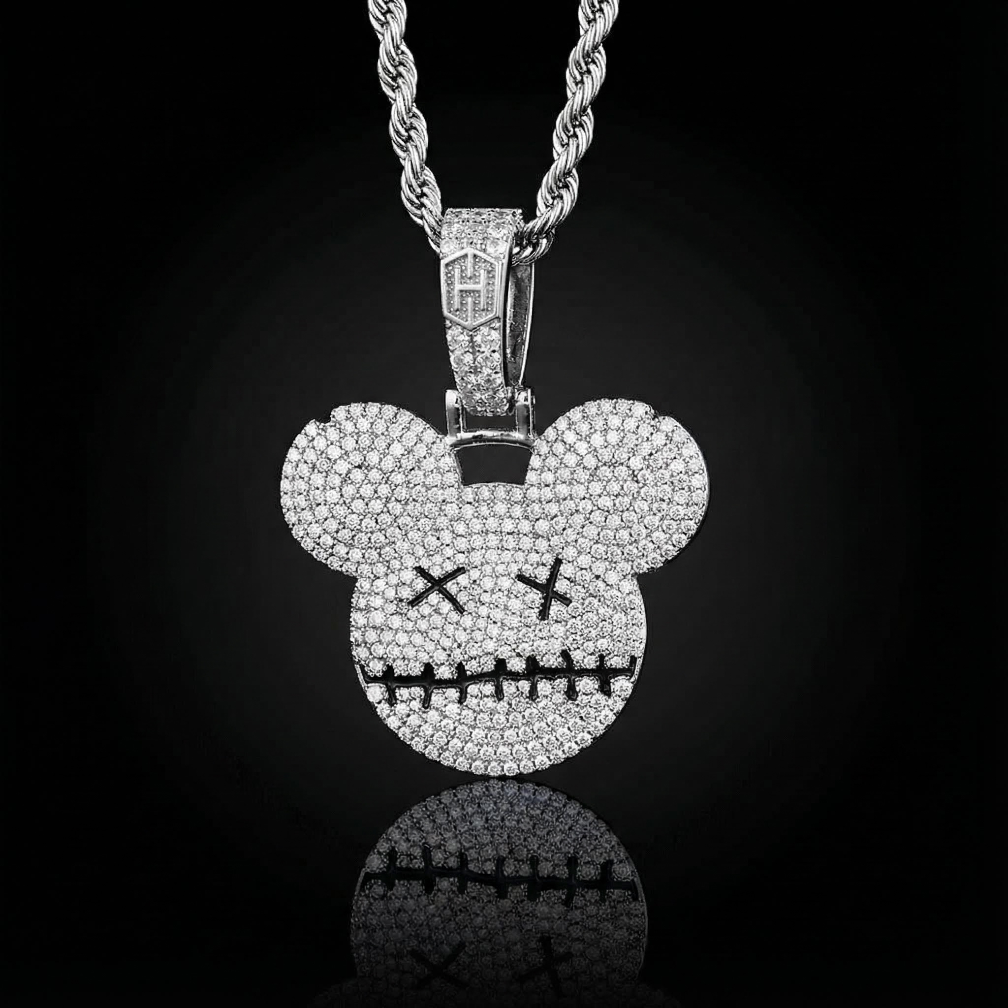 Iced Cartoon Mouse Pendant in White Gold
