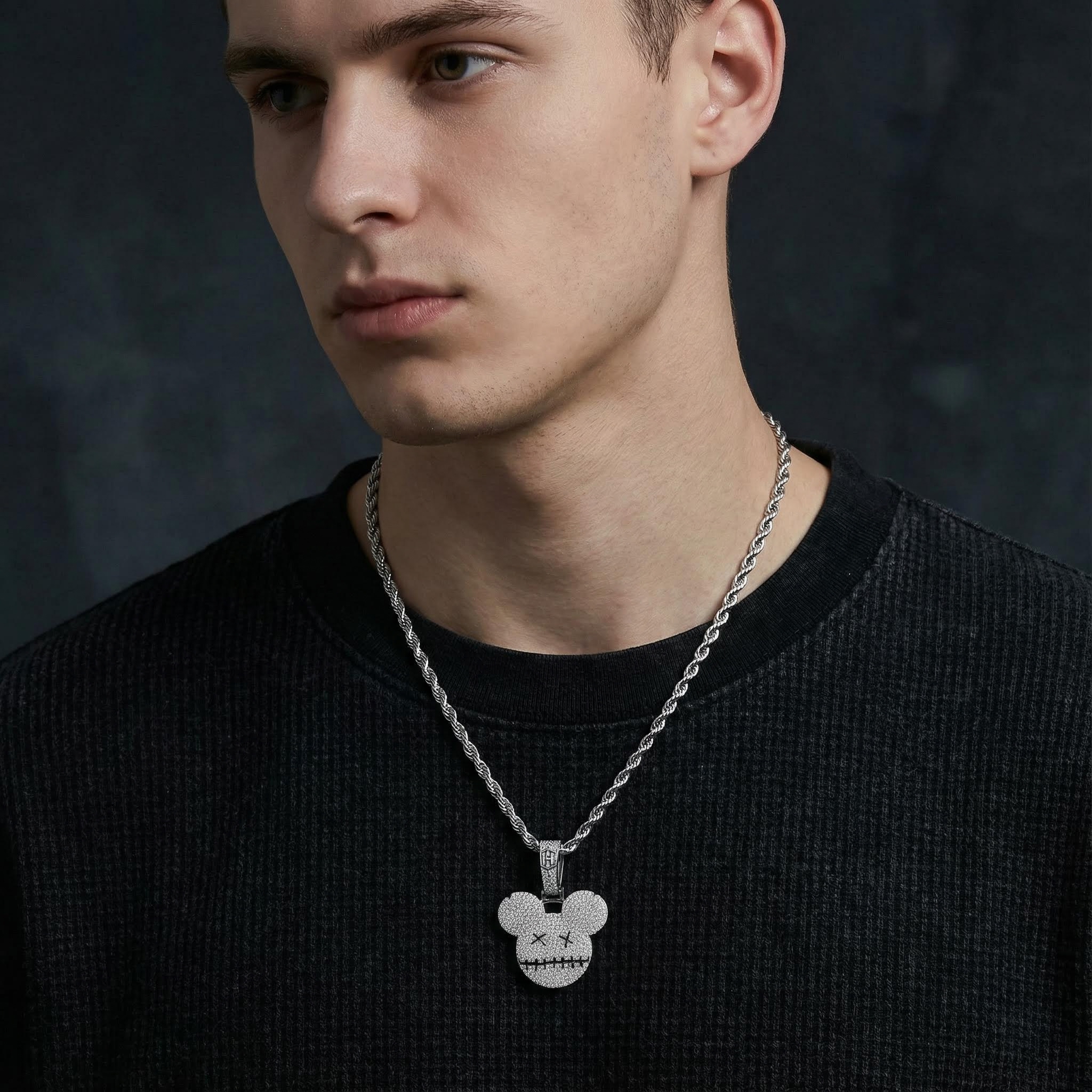 Iced Cartoon Mouse Pendant in White Gold