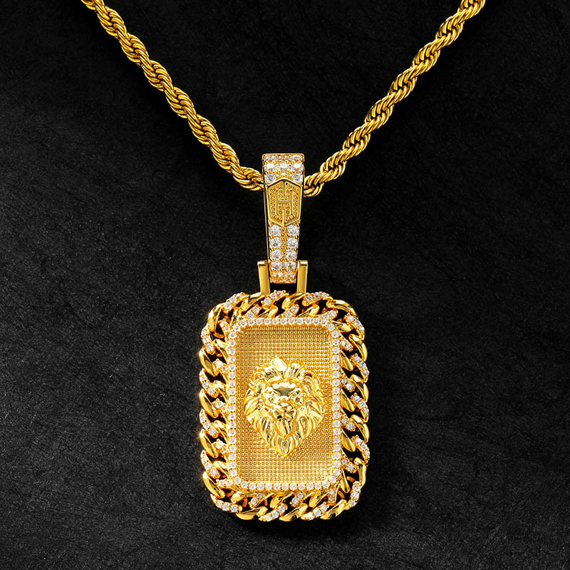 Lion Head Cuban Link Dog Tag Pendant in Gold