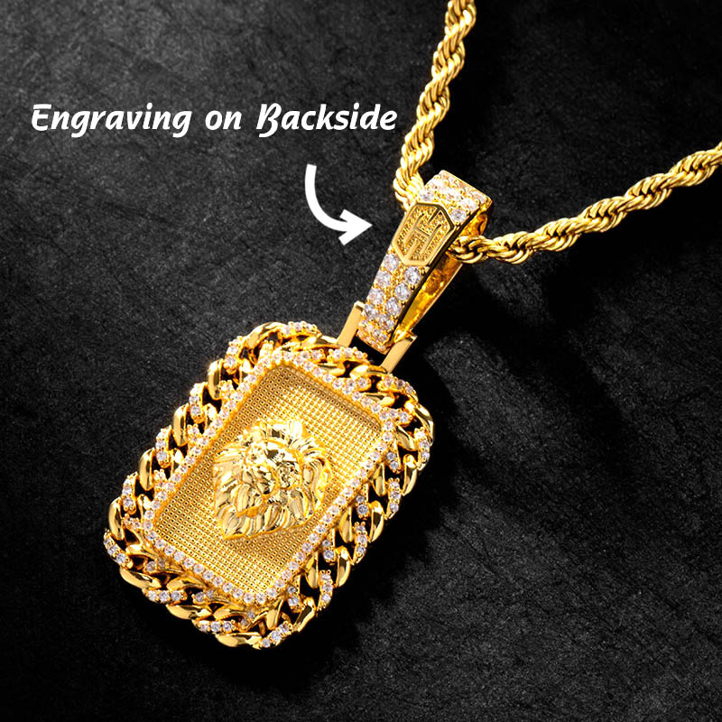 Lion Head Cuban Link Dog Tag Pendant in Gold