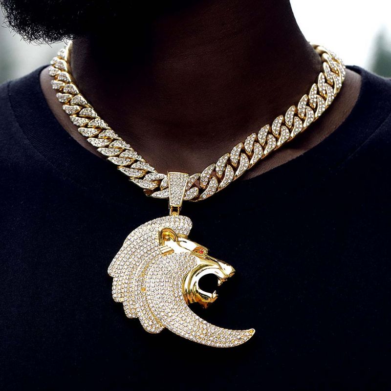 Iced Lion Head Pendant in Gold