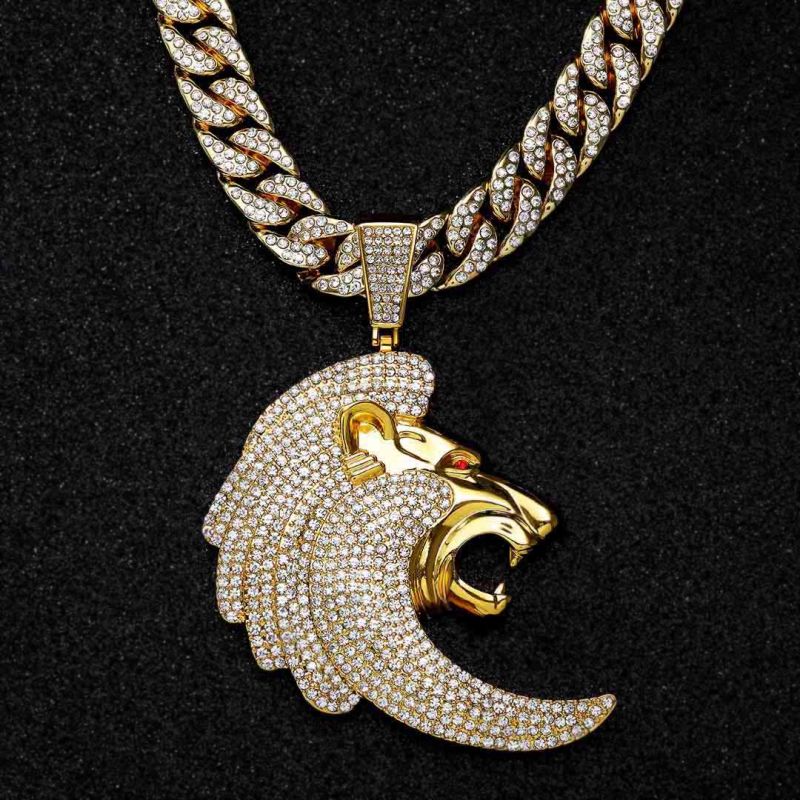 Iced Lion Head Pendant in Gold