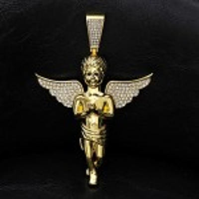 Iced Large Praying Angel Pendant in Gold