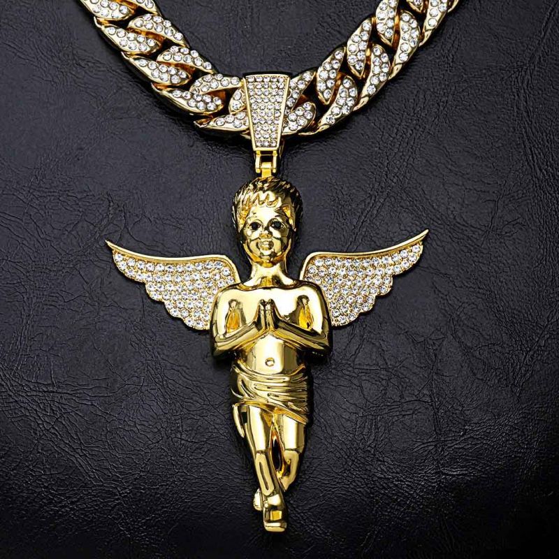 Iced Large Praying Angel Pendant in Gold