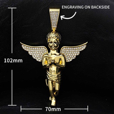 Iced Large Praying Angel Pendant in Gold