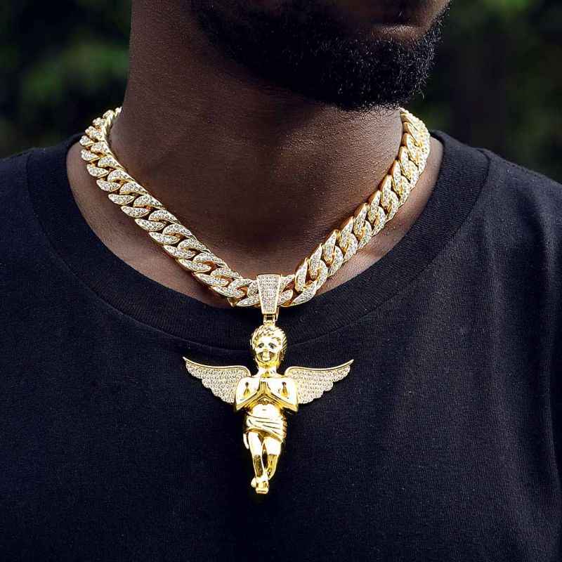 Iced Large Praying Angel Pendant in Gold