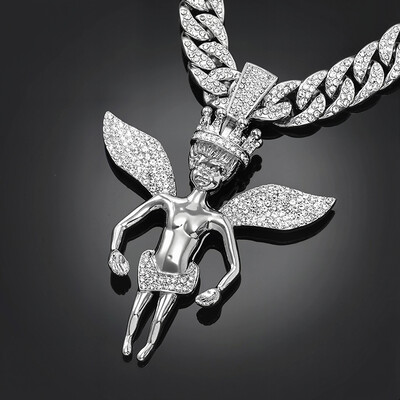 Iced Large Angel Pendant in White Gold