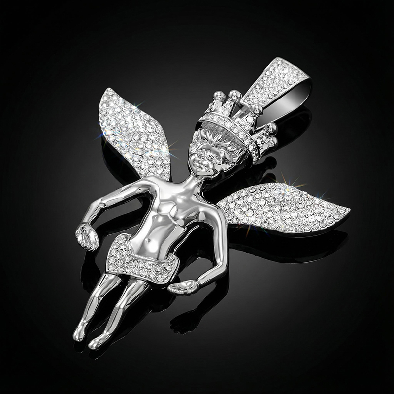 Iced Large Angel Pendant in White Gold Iced Large Angel Pendant in White Gold