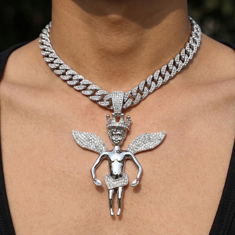 Iced Large Angel Pendant in White Gold Iced Large Angel Pendant in White Gold