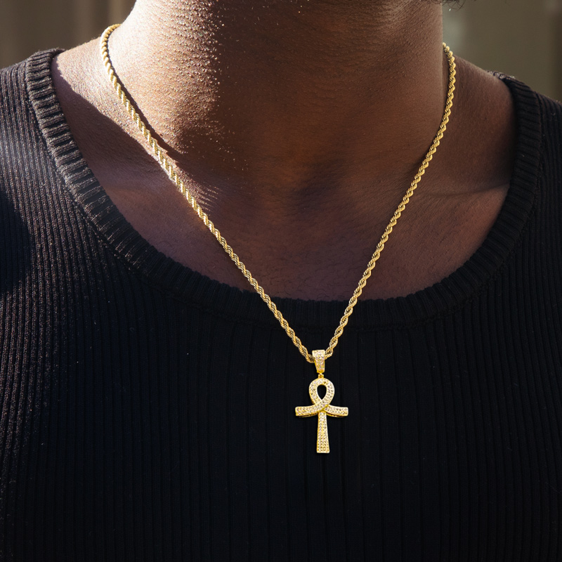 Iced Overlapping Ankh Pendant in Gold