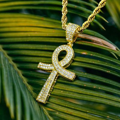 Iced Overlapping Ankh Pendant in Gold