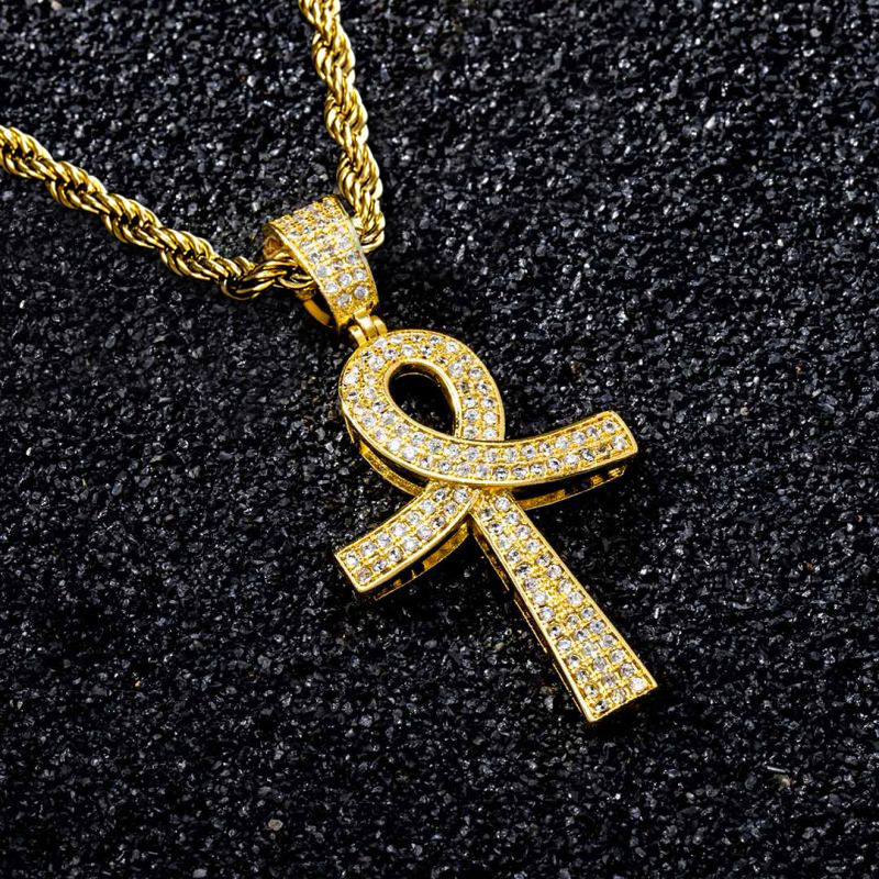 Iced Overlapping Ankh Pendant in Gold