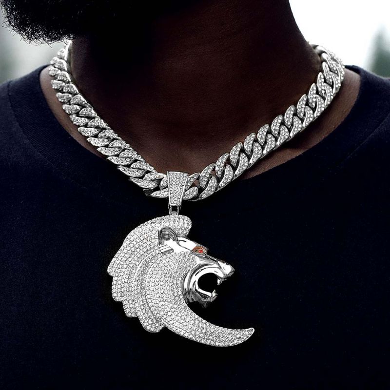 Iced Lion Head Pendant in White Gold