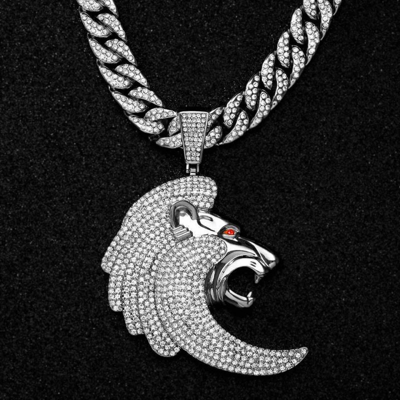 Iced Lion Head Pendant in White Gold