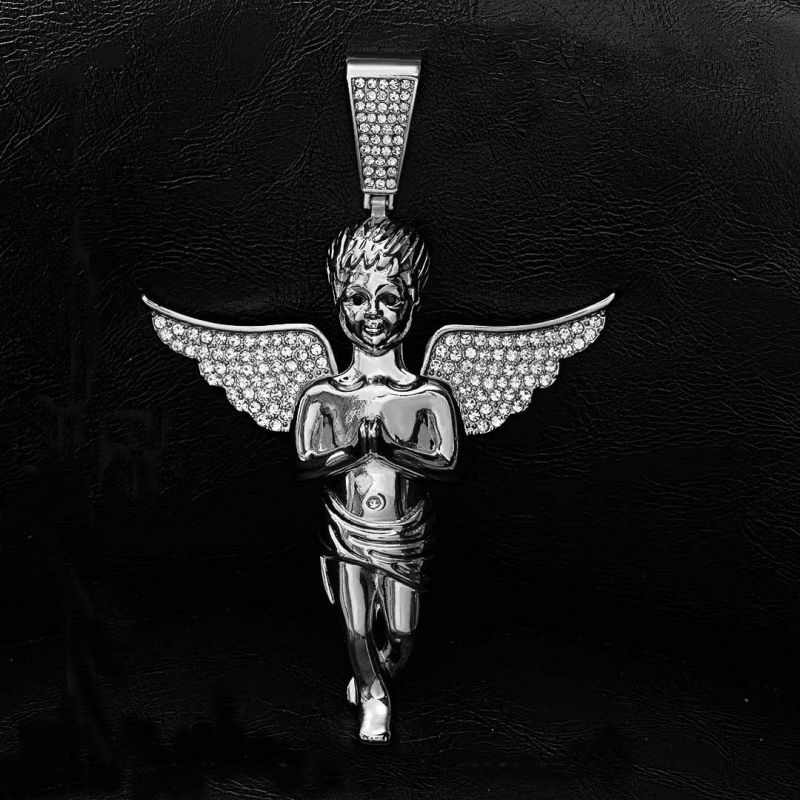 Iced Large Praying Angel Pendant in White Gold