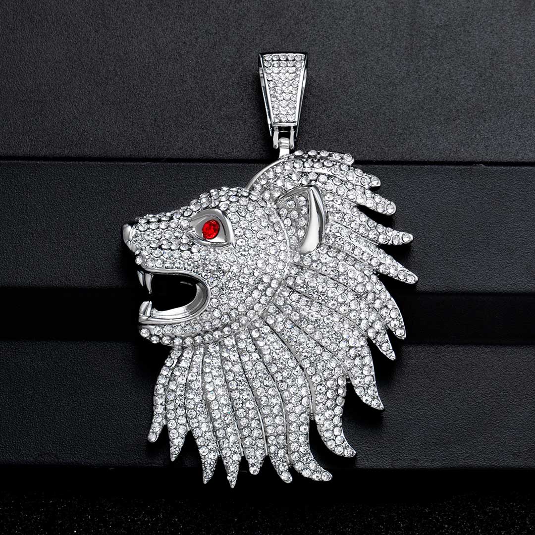 Iced Large Roaring Lion Head Pendant in White Gold