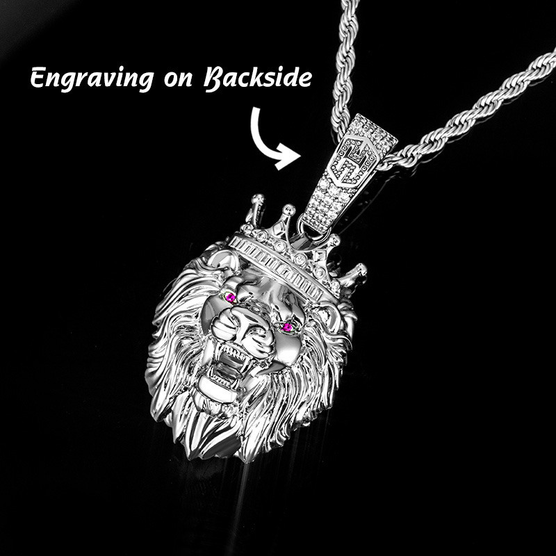 King Crown Lion Pendant in White Gold