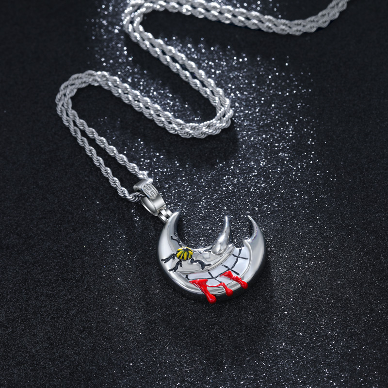 Hand-painted Enamel Moon Face Pendant in White Gold