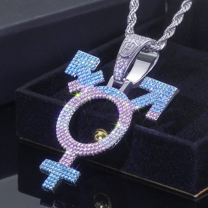 Iced Transgender Symbol Pendant in 18K White Gold Plated
