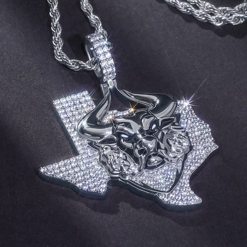 Iced Texas Angry Bull Pendant in White Gold