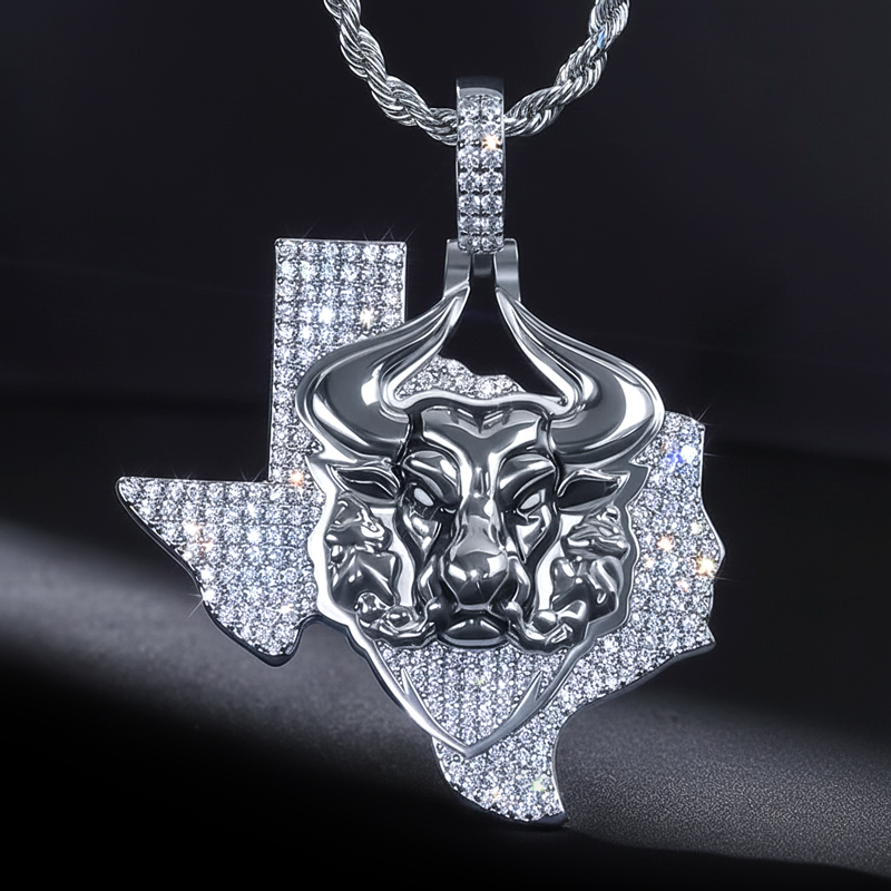 Iced Texas Angry Bull Pendant in White Gold