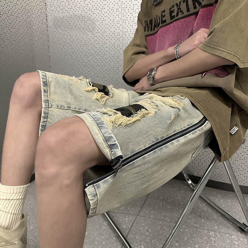 Street Camouflage Patch Zip Ripped Denim Shorts