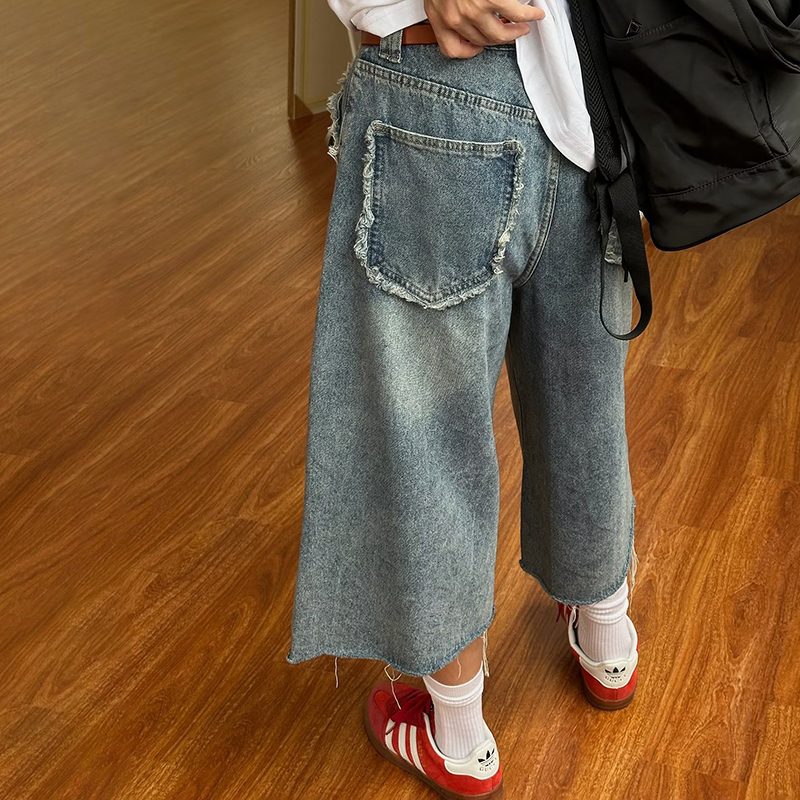 Street Vintage Denim Washed Cropped Pants