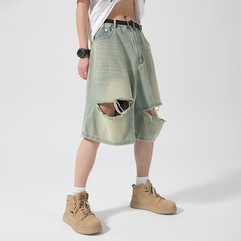 Street Distressed Loose Wide Leg Cropped Pants