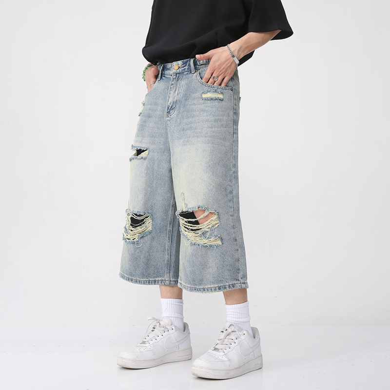 Street Ripped Wide Leg Cropped Pants