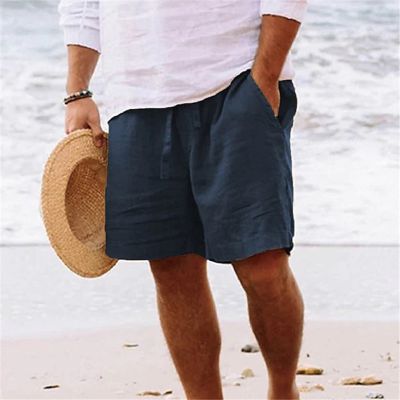 Men's Cotton Linen Drawstring Elastic Waist Solid Color Beach Shorts