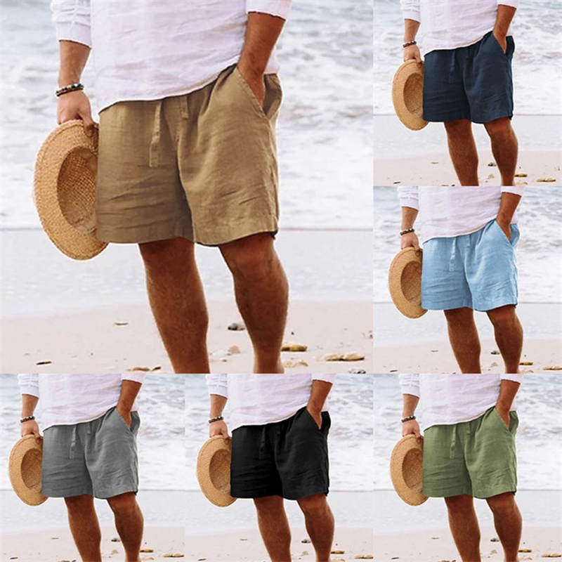 Men's Cotton Linen Drawstring Elastic Waist Solid Color Beach Shorts