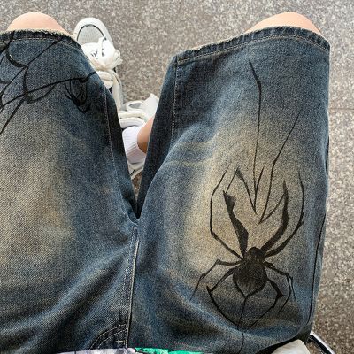 Retro Spider Print Washed Denim Shorts