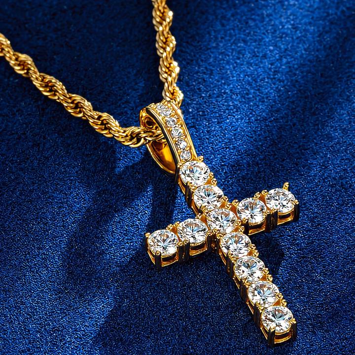 S925 Sterling Silver Moissanite Cross Pendant in 18K Gold Plated