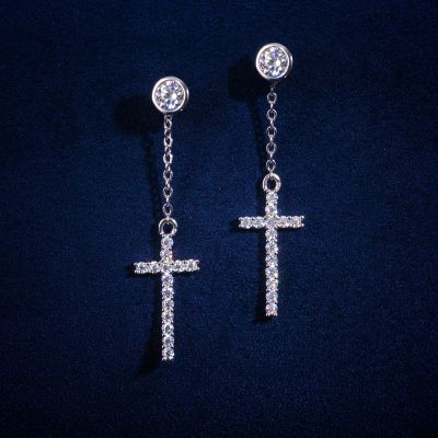 Moissanite Detachable Cross Tassel Earrings in S925 Silver