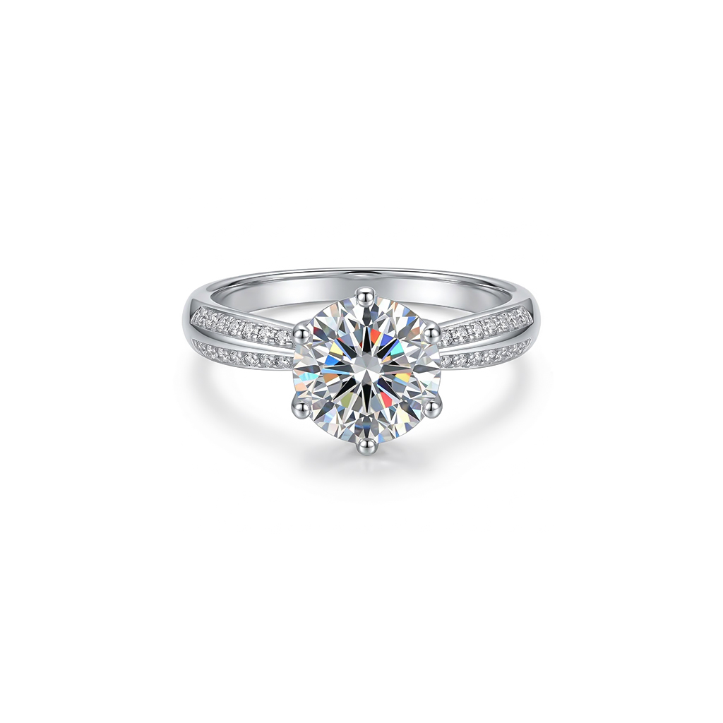 Round Cut Six Claw Moissanite Ring with Side Diamonds