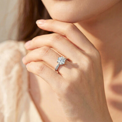 Round Cut Six Claw Moissanite Ring with Side Diamonds