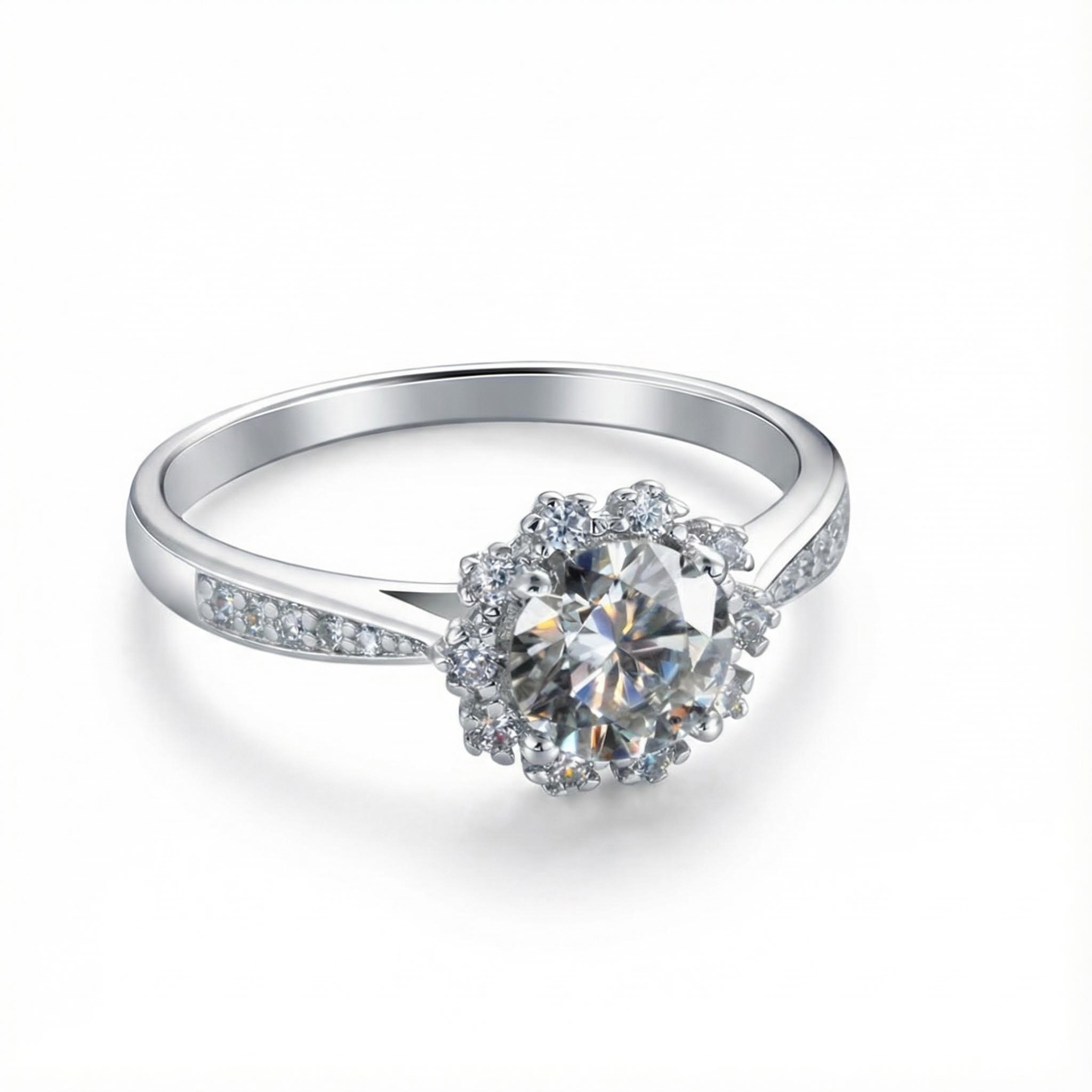 1Ct Round Cut Halo Moissanite Engagement Ring in S925 Sterling Silver