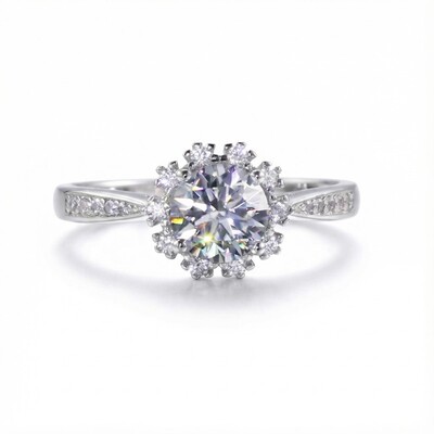 1Ct Round Cut Halo Moissanite Engagement Ring in S925 Sterling Silver