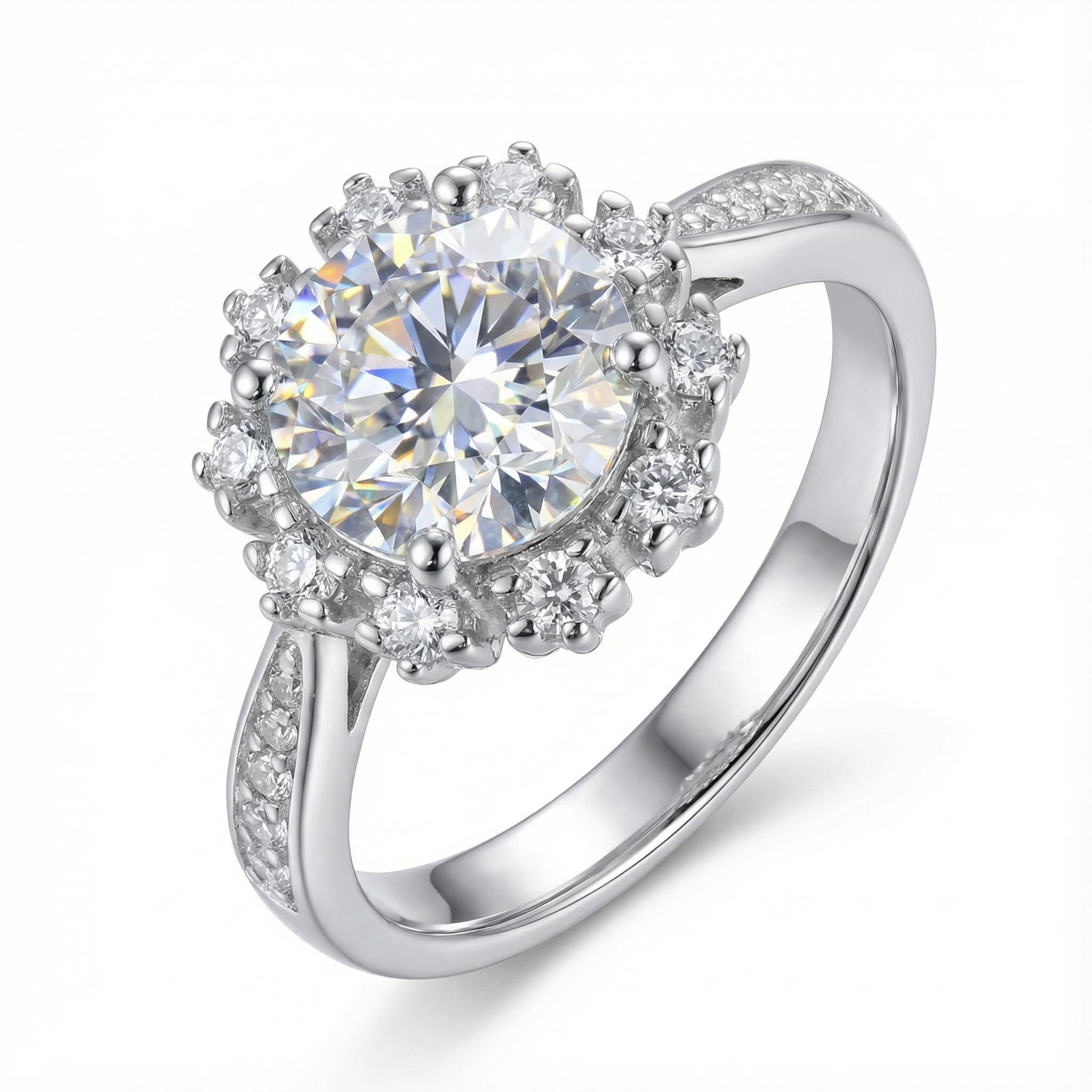 1Ct Round Cut Halo Moissanite Engagement Ring in S925 Sterling Silver
