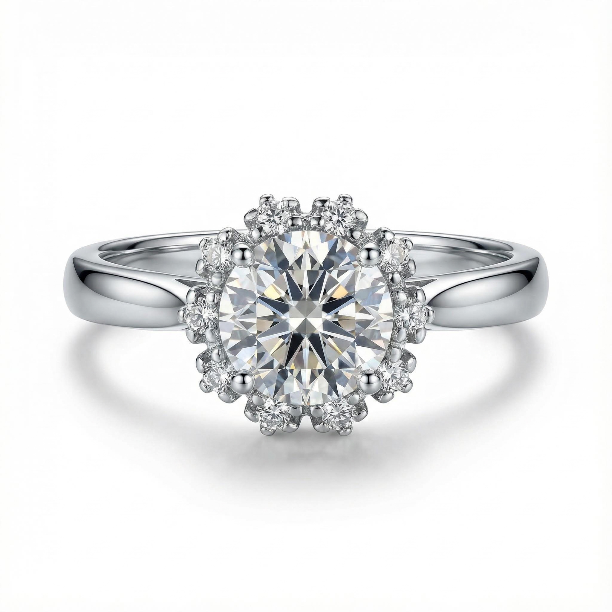 1Ct Round Cut Halo Moissanite Engagement Ring in S925 Sterling Silver