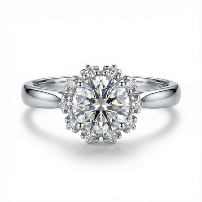 1Ct Round Cut Halo Moissanite Engagement Ring in S925 Sterling Silver