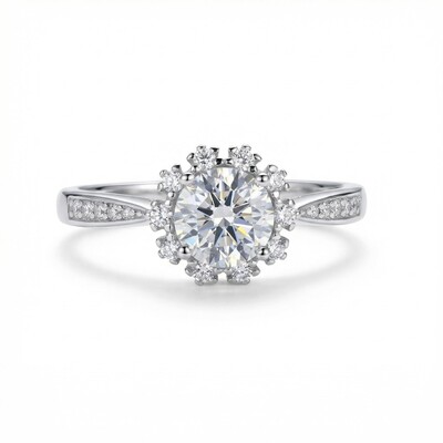 1Ct Round Cut Halo Moissanite Engagement Ring in S925 Sterling Silver