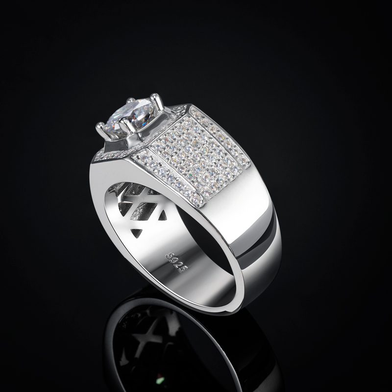 1Ct Moissanite Round Cut Men's Micro Pave Ring in S925 Sterling Silver