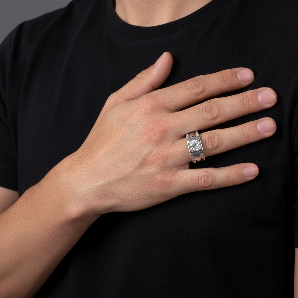 1Ct Moissanite Round Cut Men's Engagement Ring in S925 Sterling Silver