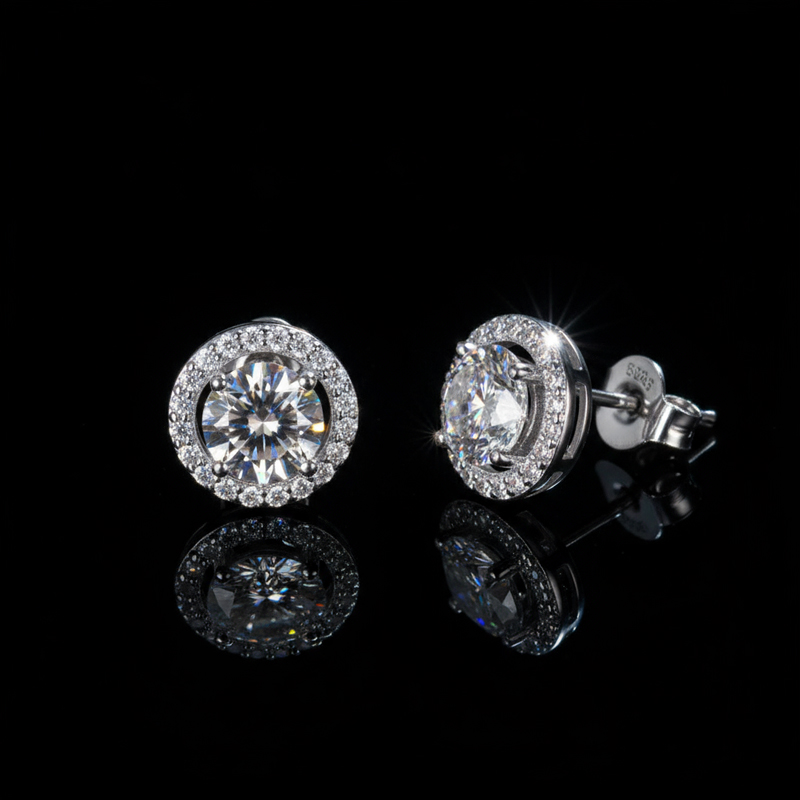1Ct Moissanite Round Halo Stud Earrings in S925 Sterling Silver