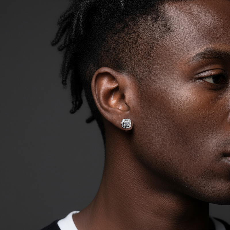 Princess Cut Halo Moissanite Stud Earrings in S925 Sterling Silver