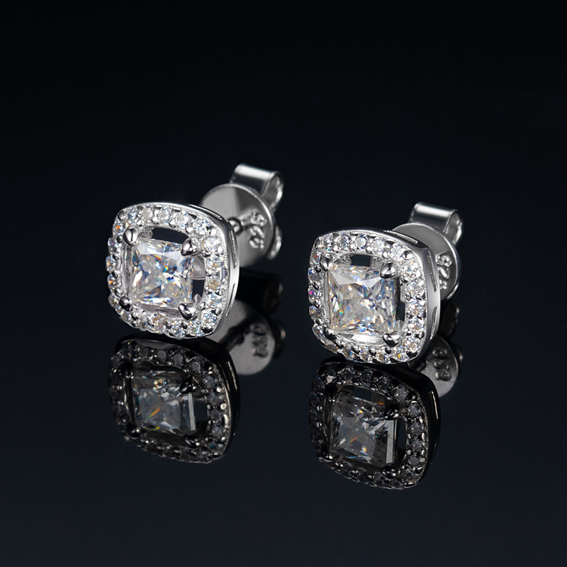 Princess Cut Halo Moissanite Stud Earrings in S925 Sterling Silver